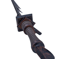 A dark, weathered fantasy dagger with a textured, rusted handle and a double-edged blade, isolated on a white background.