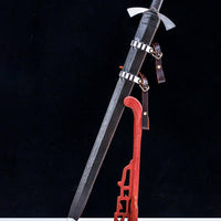 Sword on a wooden stand against a black background