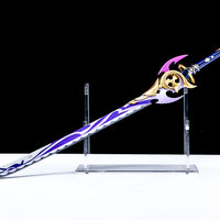 A decorative fantasy sword with purple, white, and gold detailing, mounted on a clear acrylic display stand against a split black and white background.